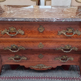 French Louis XVI style three drawer commode with amazing coloured marble. It has decorative brass mounts and is in very good original detailed condition.