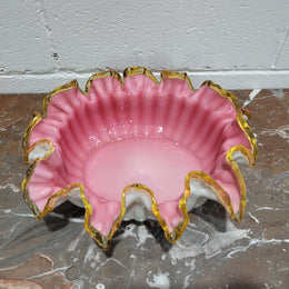 Edwardian American large white/pink cased glass and yellow ruffled edged bowl. In good original condition with no chips.