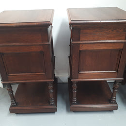 A hard to find pair of French Oak wooden top bedside cabinets. In good original condition. Circa 1920.