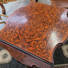 Fabulous marquetry inlaid side table with marquetry extensions and one drawer. Stunning side table or small ladies desk.