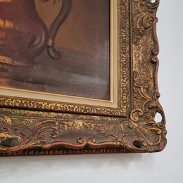 French floral still life painting oil on canvas of Wattle in a vase in a stunning decorative frame in good condition. Signed by artist and has been sourced from France.