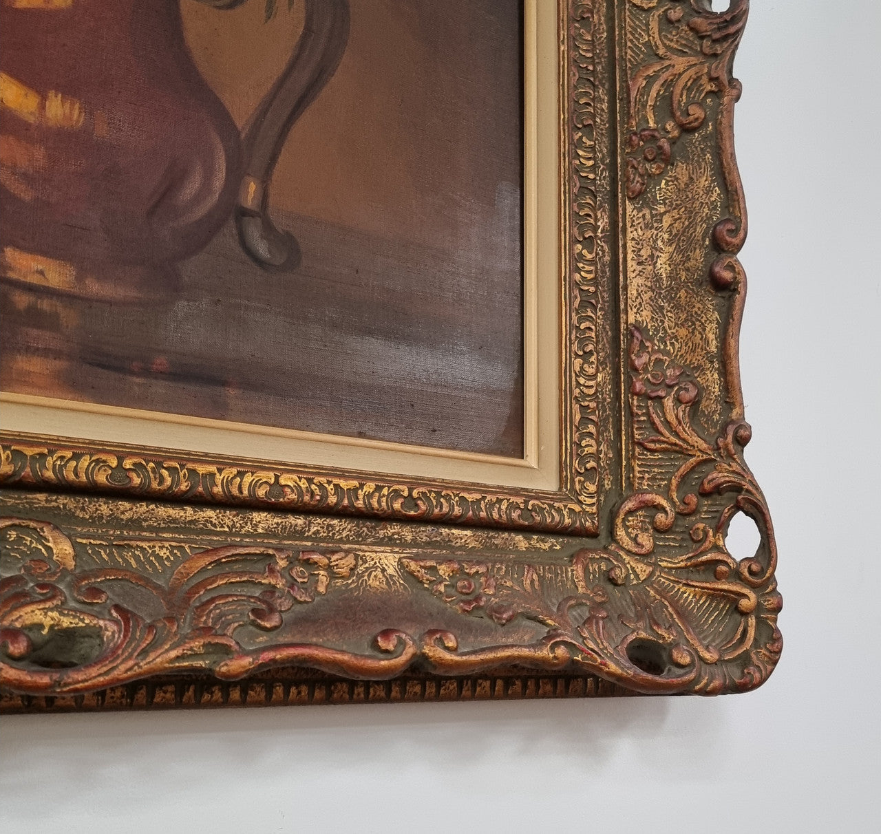 French floral still life painting oil on canvas of Wattle in a vase in a stunning decorative frame in good condition. Signed by artist and has been sourced from France.