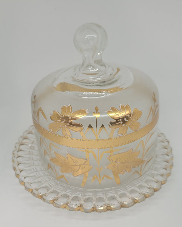 Victorian etched glass top and pressed glass base cheese/butter dish and cover. It is in good original condition please view photos has they help form part of the description.