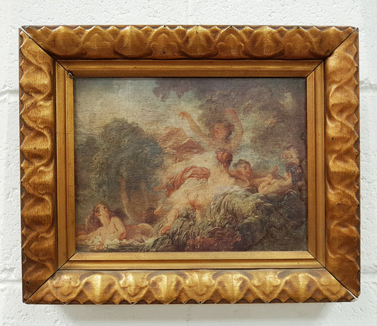 Antique Oleograph Of Romantic Scene In Original Gilt Frame