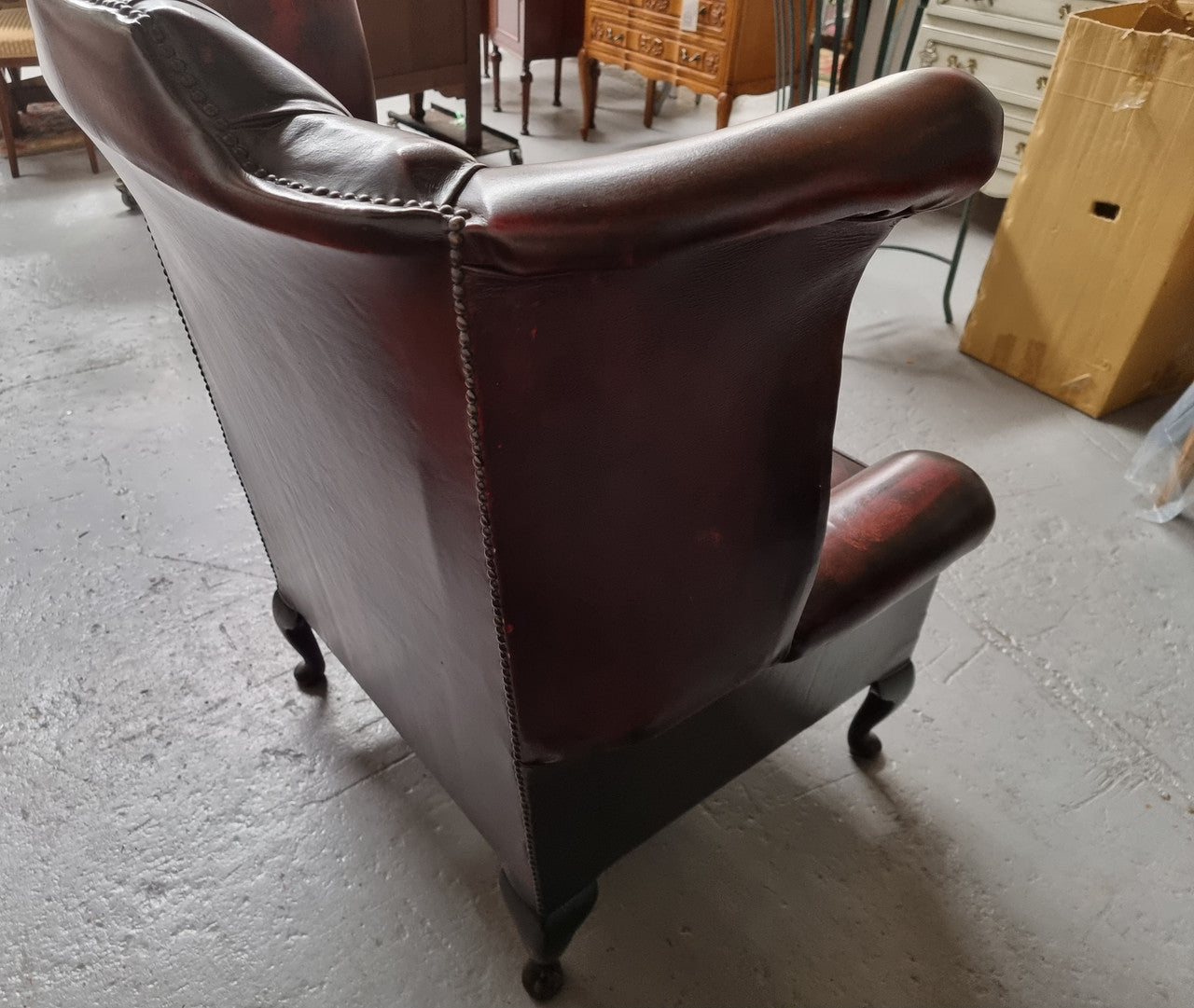 Oxblood Leather Button Back & Winged Lounge Chair