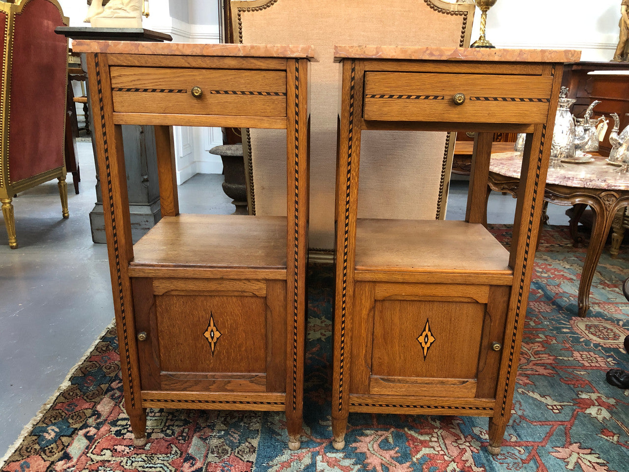 Beautiful Pair of French Oak Inlaid Marble Top Bedside Cabinets | Antique & Vintage | Moonee Ponds Antiques | Australia Wide Delivery