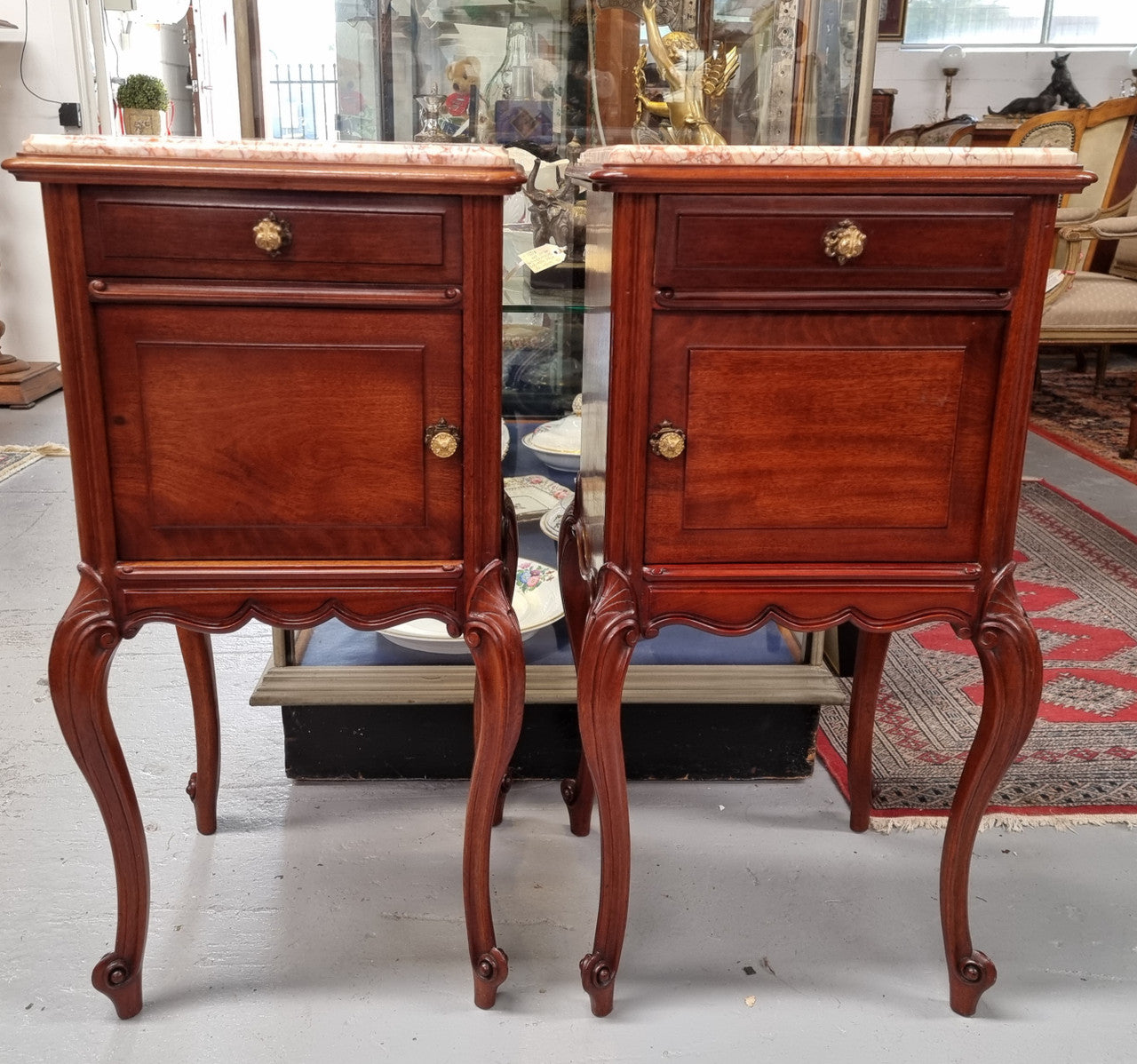 Pair French Louis 15th Style Mahogany Inset Marble Top Bedsides