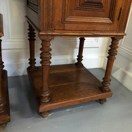 Pair of French Oak Arts and Crafts bedsides cabinets with lovely Carrara marble top and drawer and cupboard for storage. In good original detailed condition.