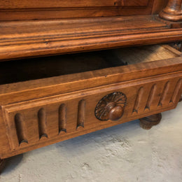 Henry II style Walnut inset marble top single bedside. Plenty of storage space with 4 drawers and a small cupboard space. In good original detailed condition.
