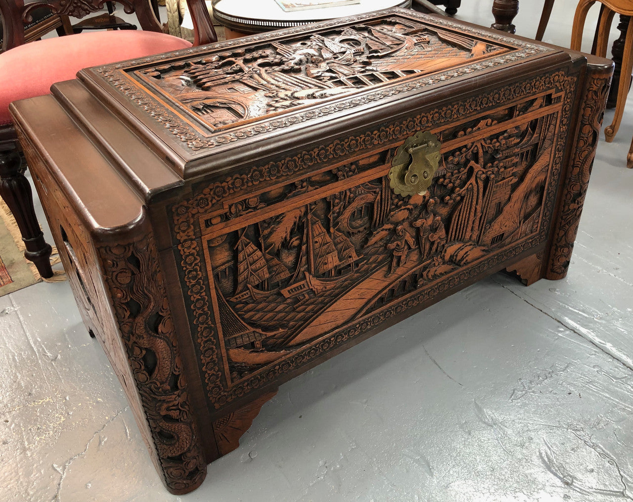 Beautiful carved Camphor wood Chest | Antique & Vintage | Moonee Ponds Antiques | Australia Wide Delivery