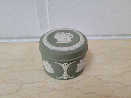 For Sale At Moonee Ponds Antiques Vintage classical design green jasper “Wedgwood” round lidded trinket box. In good condition please view photos as they help form part of the description.