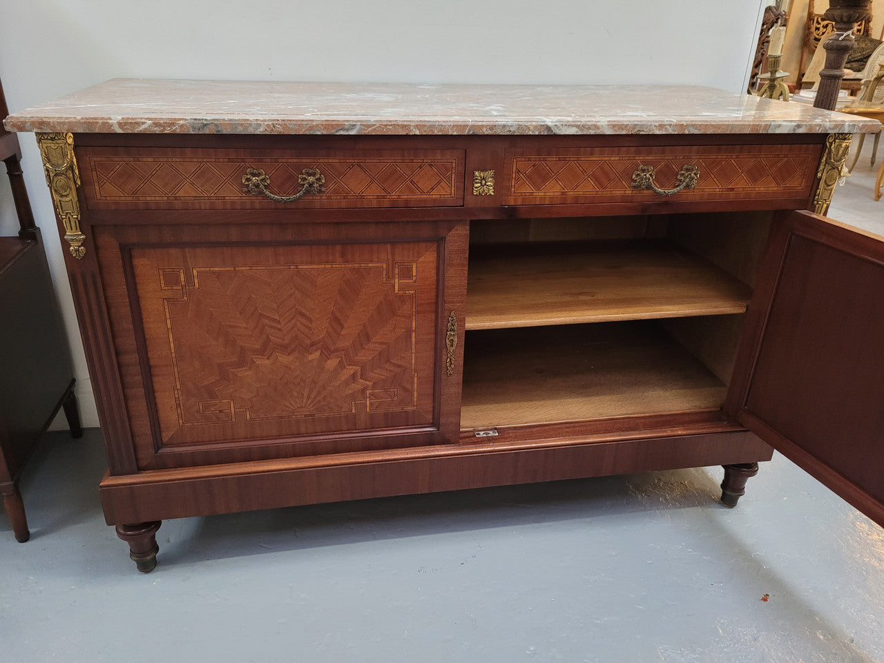 Louis 16th Style Mahogany Marble Top Cupboard With Marquetry Inlay | Antique & Vintage | Moonee Ponds Antiques | Australia Wide Delivery