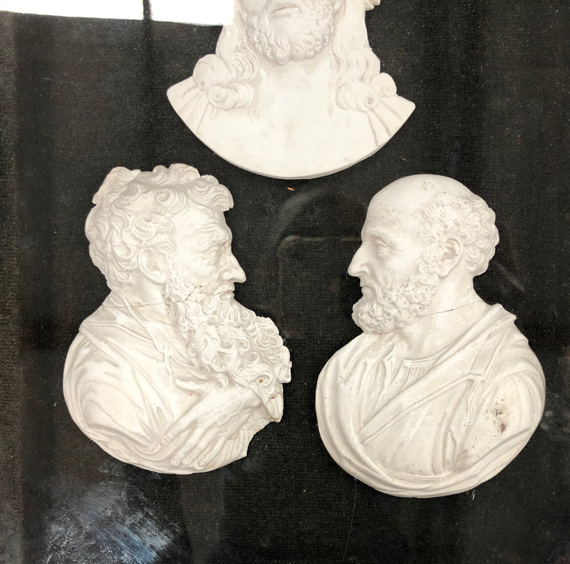Very interesting framed plaster cameo’s. One of Jesus and two other unidentified men. Late Georgian 1810 – 1820.