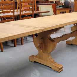 Stunning French Oak Farmhouse table with two extension leaves. When fully extended the table measures to a massive 339.5 cm long. Sourced from France and in good original detailed condition.