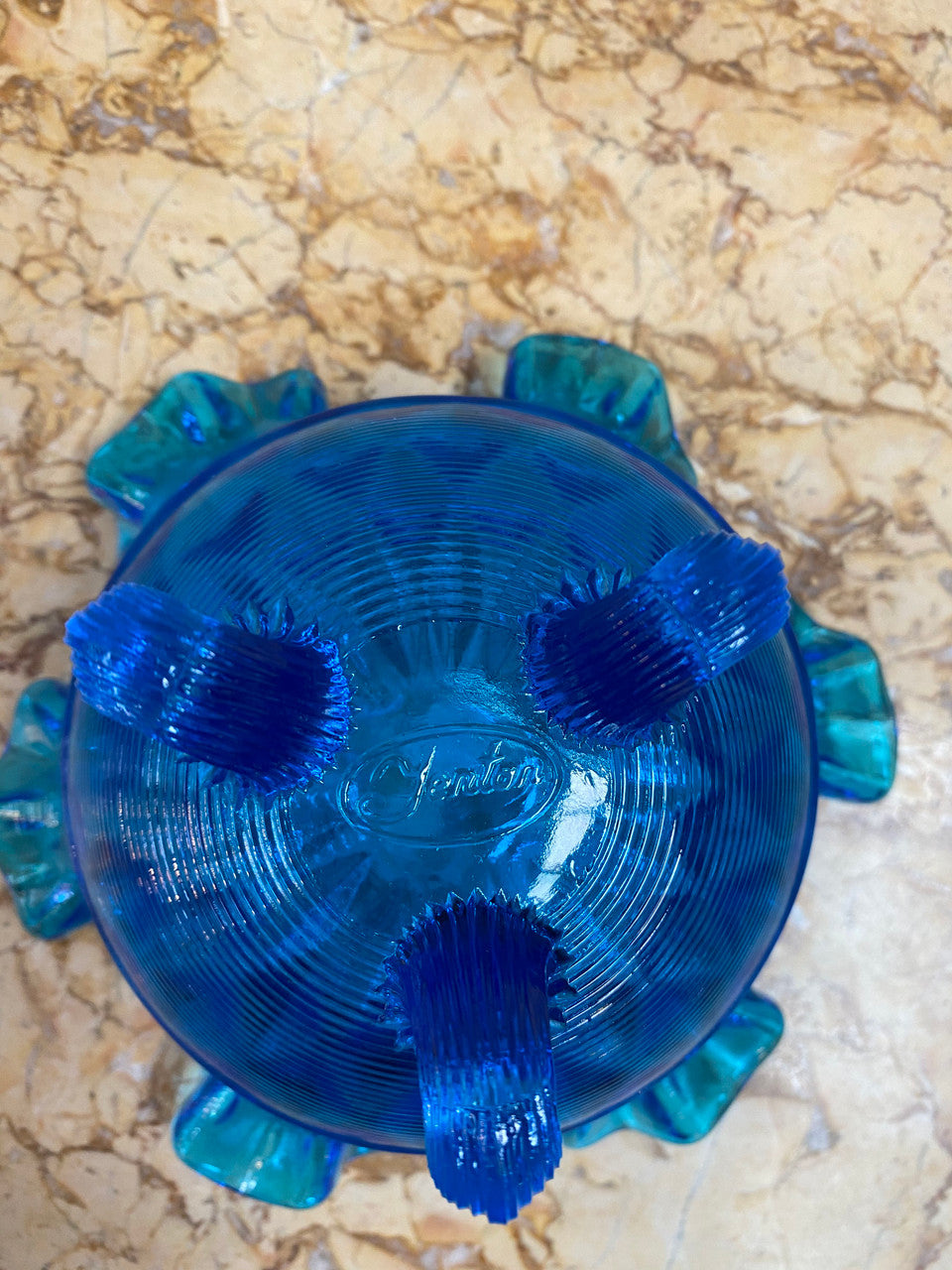 Vintage Fenton Iridescent Blue Glass Comport.