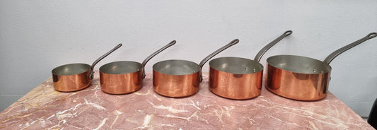 Set of Five Vintage Copper Saucepans with Tin Lining Made In France