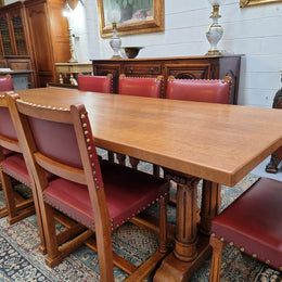 French Oak double pedestal Farmhouse dining table. You can very comfortably fit eight chairs around the table with three chairs down each side and one chair at both ends. In very good original detailed condition.