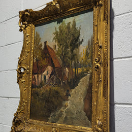 Stunning french oil on canvas signed “Dykman” painting, depicting farmhouse scene and in original gilt frame.