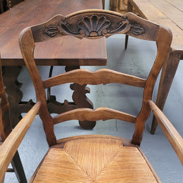 Pair Louis XV Style Oak Rush Seated Carver Chairs
