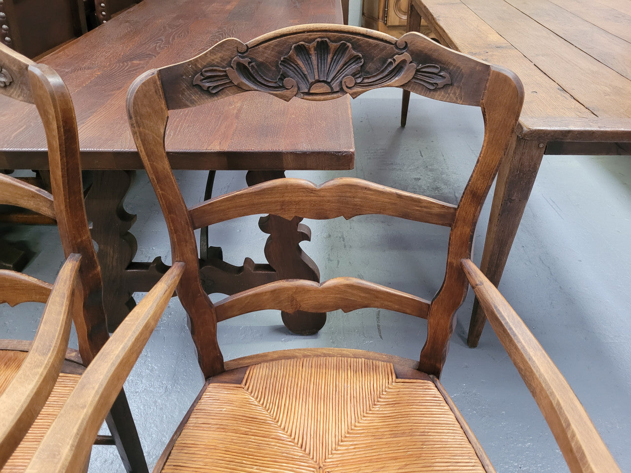 Pair Louis XV Style Oak Rush Seated Carver Chairs