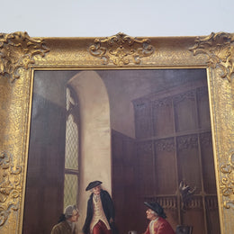 An engaging gilt framed signed oil on canvas of a "French Interior Scene". It has been sourced from France and is in good original detailed condition.