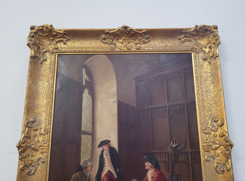 An engaging gilt framed signed oil on canvas of a "French Interior Scene". It has been sourced from France and is in good original detailed condition.