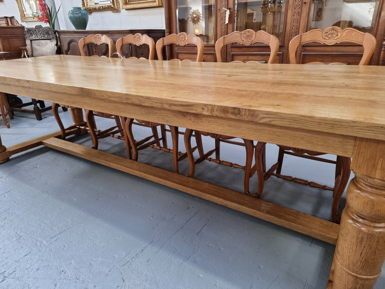 3 Meter Bespoke Oak Stretcher Base Farmhouse Dining Table | Antique & Vintage | Moonee Ponds Antiques | Australia Wide Delivery
