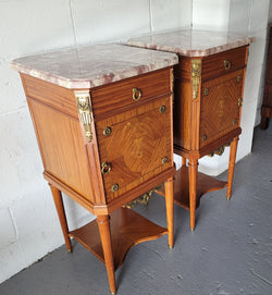 Pair of Louis XVI Style Mahogany Marquetry Inlaid Marble Top Bedside Cabinets | Antique & Vintage | Moonee Ponds Antiques | Australia Wide Delivery