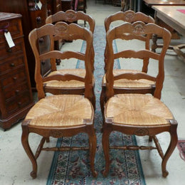 Set Of Four French Oak Rush Seat Dining Chairs