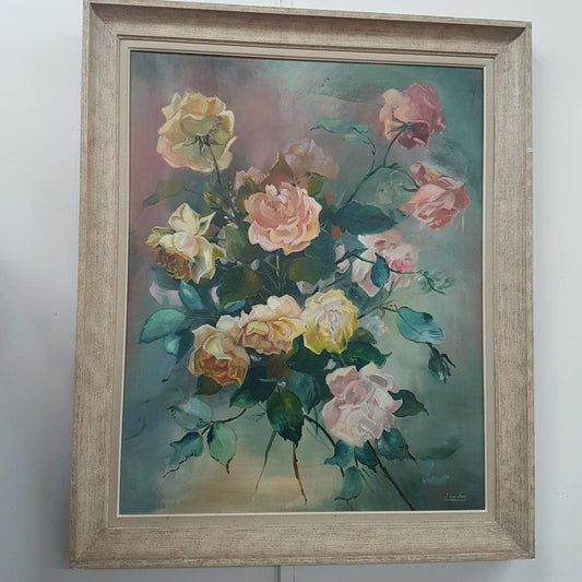 French floral signed framed painting, of a bouquet of roses on canvas and in fantastic original condition.