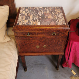 French Art Deco bedroom suite consisting of queen size bed in Amboyna wood and featuring pretty inlay. It comes with a matching pair of bedsides. It is a very stylish and high quality suite. It has been sourced from France and is in good original detailed condition.
