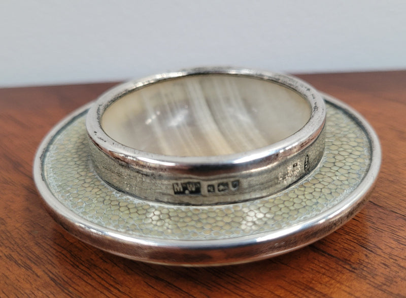 Stunning Mappin and Webb Sterling Silver and Banded Agate and Shagreen Antique pin dish.