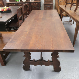 Spanish style French Oak farmhouse table with ironwork underneath. It is in good original detailed condition and has been sourced from France.