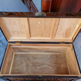 Charming Vintage Medium Size Camphor Wood Chest with Brass Closure. In original detailed condition.