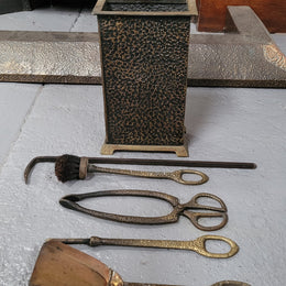 Art Nouveau five piece fire tool set in decorative box. All tools are in original good used condition, please view photos as they help form part of the description.