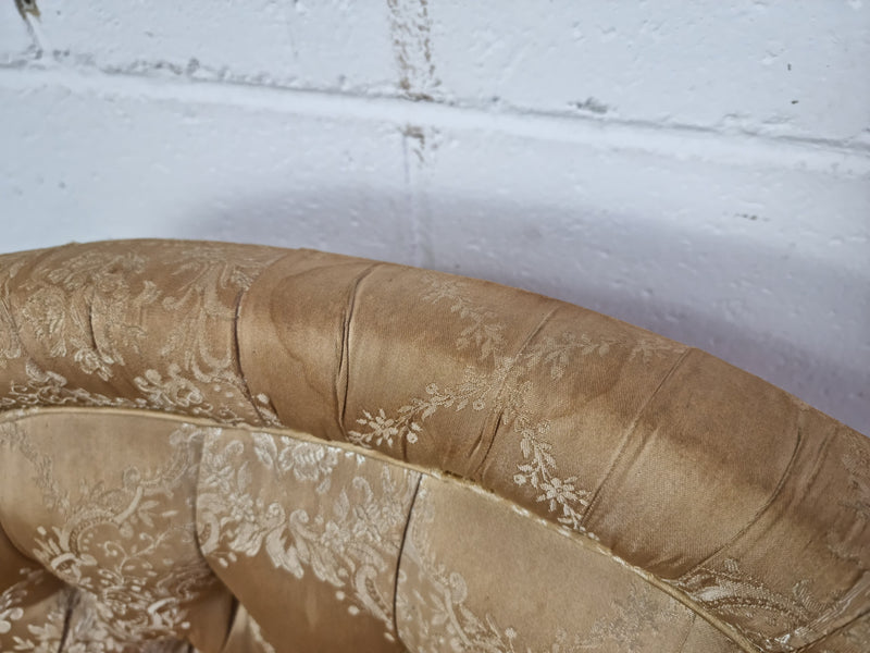 Vintage round upholstered button back bedroom chair. Beautiful gold upholstery in original condition with a gold fringe. original condition.