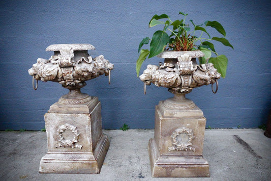 Pair Late Victorian Cast Iron Urns