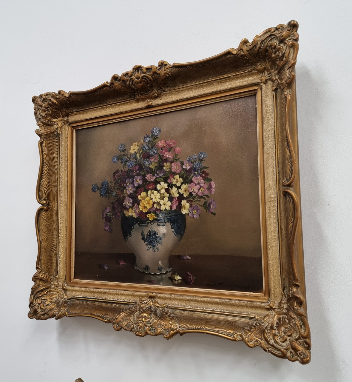 Attractive Signed Oil on Canvas Depicting Flowers in a Blue and White Jardinière | Antique & Vintage | Moonee Ponds Antiques | Australia Wide Delivery