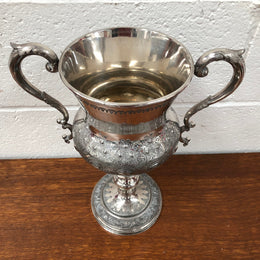 Large Embossed and Engraved Silver Plate Trophy or Vase