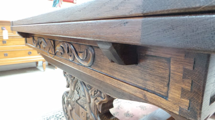 French Oak Extension Table With Carved Ornate Base