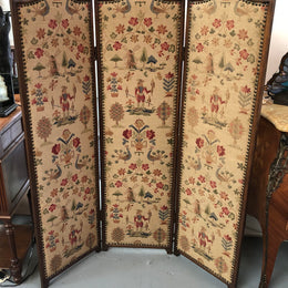 Vintage French Oak 3 fold tapestry covered privacy screen. Tapestry is in good condition with very minor wear and tear.
