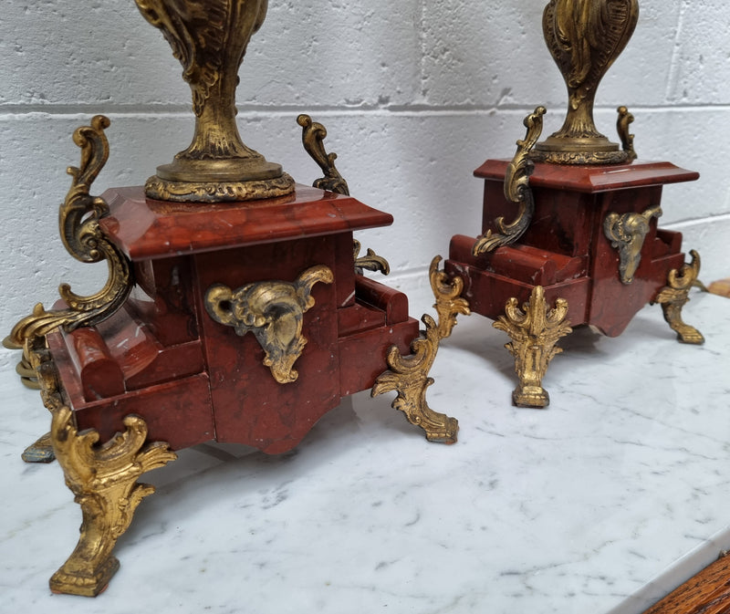 Pair of decorative French Louis XV style marble and gilt metal lamps with shades. In good original detailed working condition.