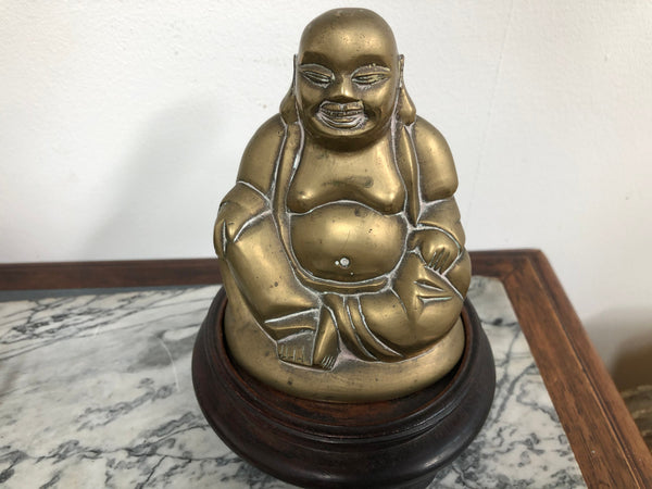 Antique Brass Chinese Buddha On Wooden Stand