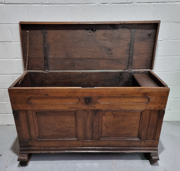 Fabulous early 19th Century French Oak carved coffer/ trunk. It has amazing patina and has a small inside storage section which originally would of been used for candles. It is in in good original condition.