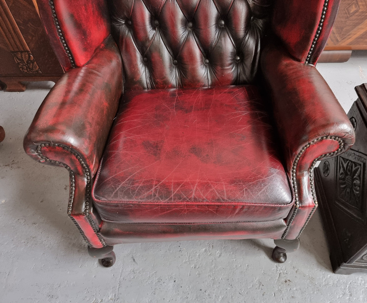 Oxblood Leather Button Back & Winged Lounge Chair