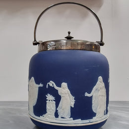 Wedgwood Blue Adam's Jasperware Biscuit Barrel