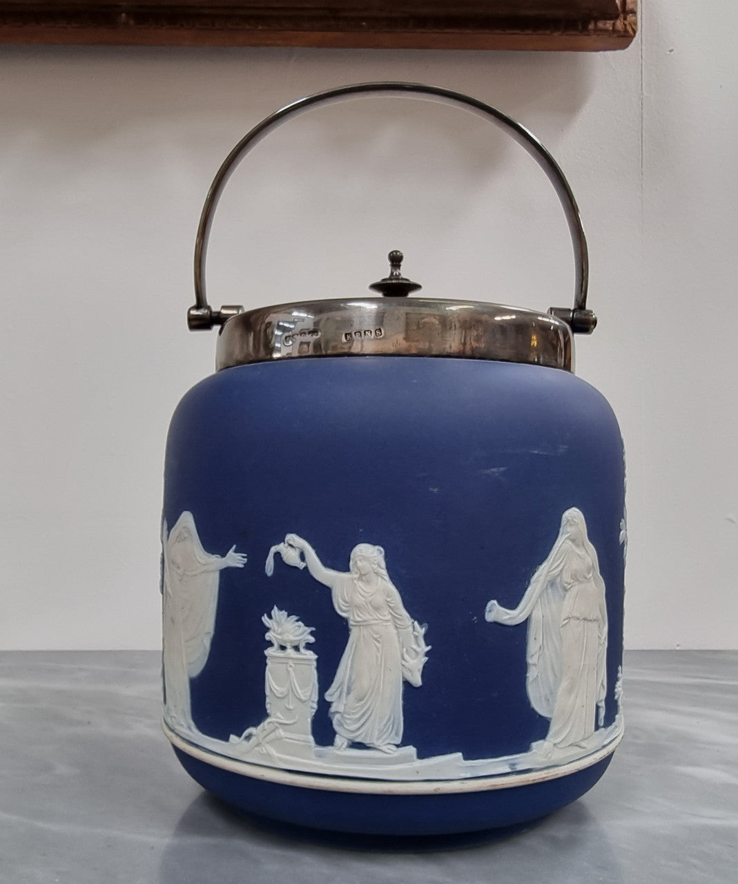 Wedgwood Blue Adam's Jasperware Biscuit Barrel | Antique & Vintage | Moonee Ponds Antiques | Australia Wide Delivery