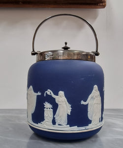 Wedgwood Blue Adam's Jasperware Biscuit Barrel | Antique & Vintage | Moonee Ponds Antiques | Australia Wide Delivery