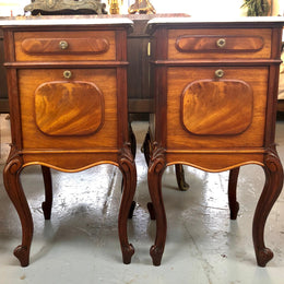 Pair Of White Marble Top Mahogany Bedside Cabinets