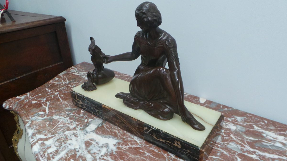 Art Deco Bronze Statue Of A Lady And Parrot On A Marble Base | Antique & Vintage | Moonee Ponds Antiques | Australia Wide Delivery